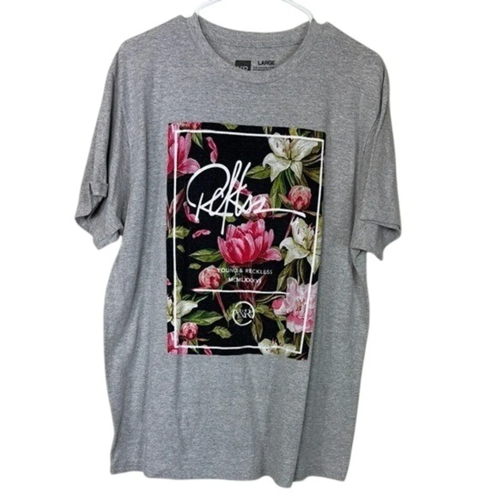 Young & Reckless Men's‎ Graphic T-Shirt Large Floral Print Grey Short Sleeve Tee - Picture 2 of 5